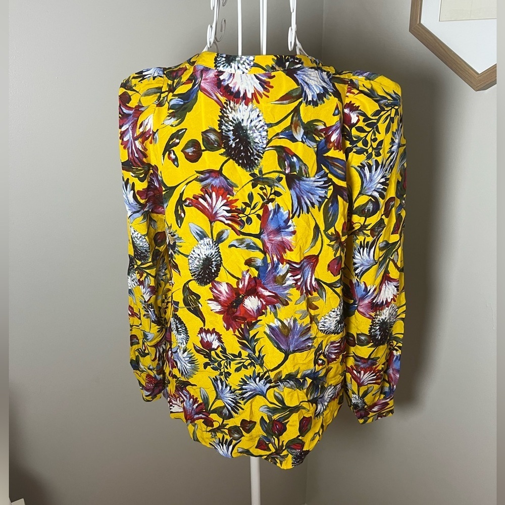 J Crew 100% Silk Autumn Color Pleated Popover Top Blouse Gold Floral Print XS - Picture 6 of 6